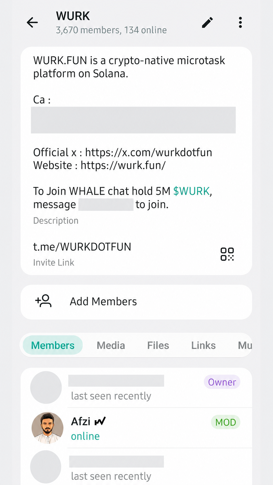 WURK Telegram community information showing M Afzan with the moderator role