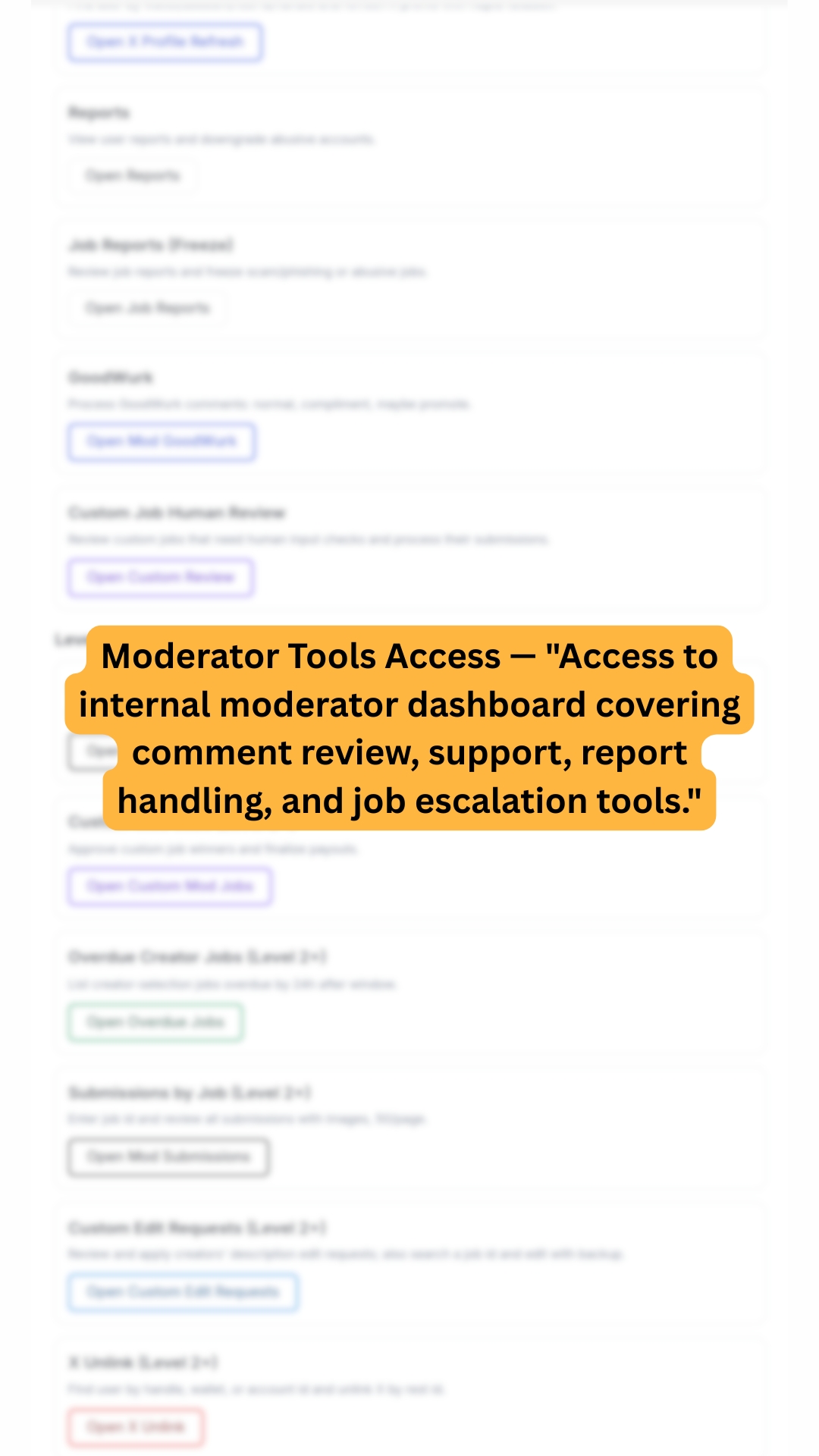 Advanced moderator tools dashboard showing reports, quality checks, job review, submissions, edit requests, and escalation tools