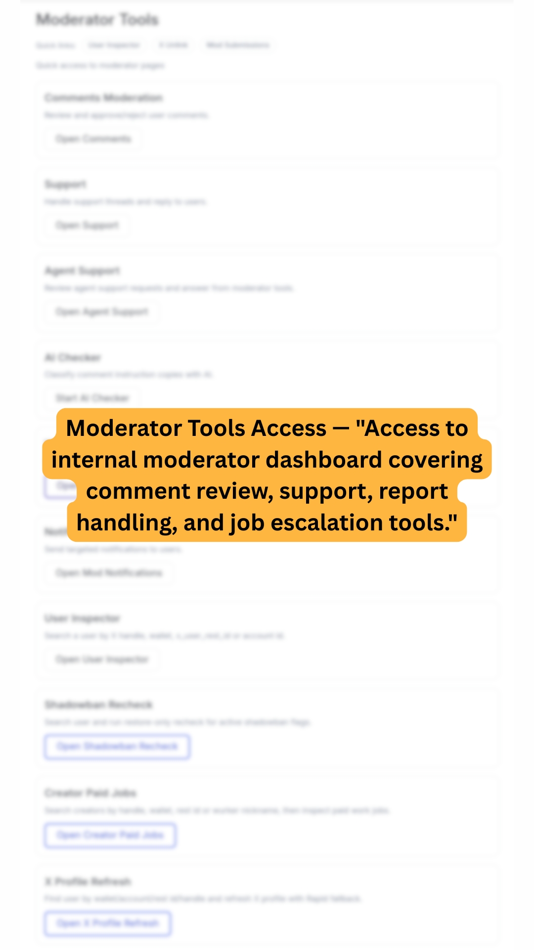 Internal moderator tools dashboard showing community support, moderation, account review, and platform operations tools