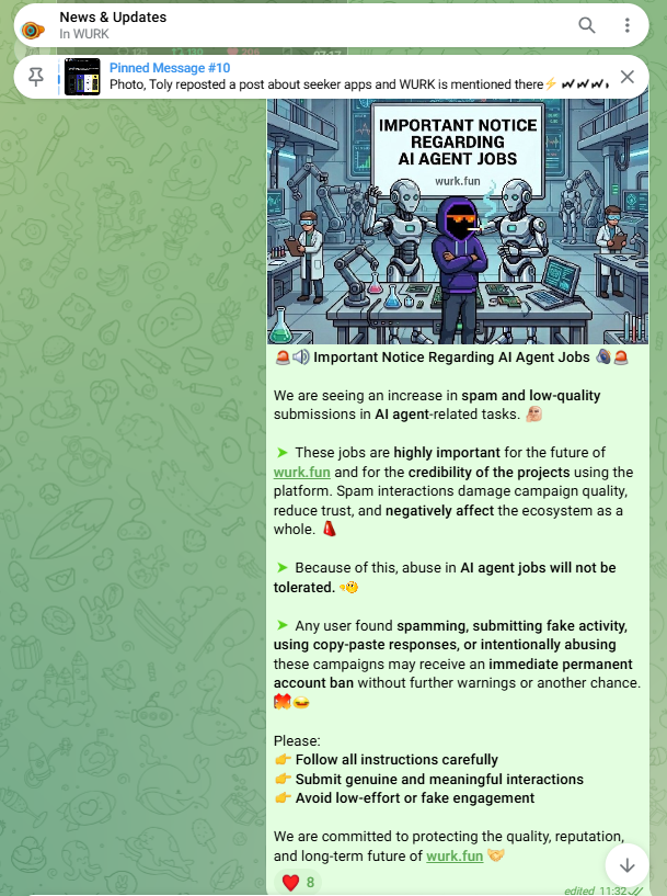 Community policy announcement about AI agent job spam and submission quality