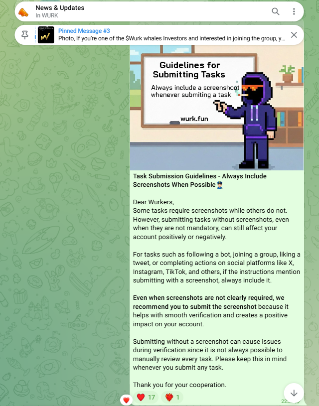 Telegram post explaining task submission guidelines to community members