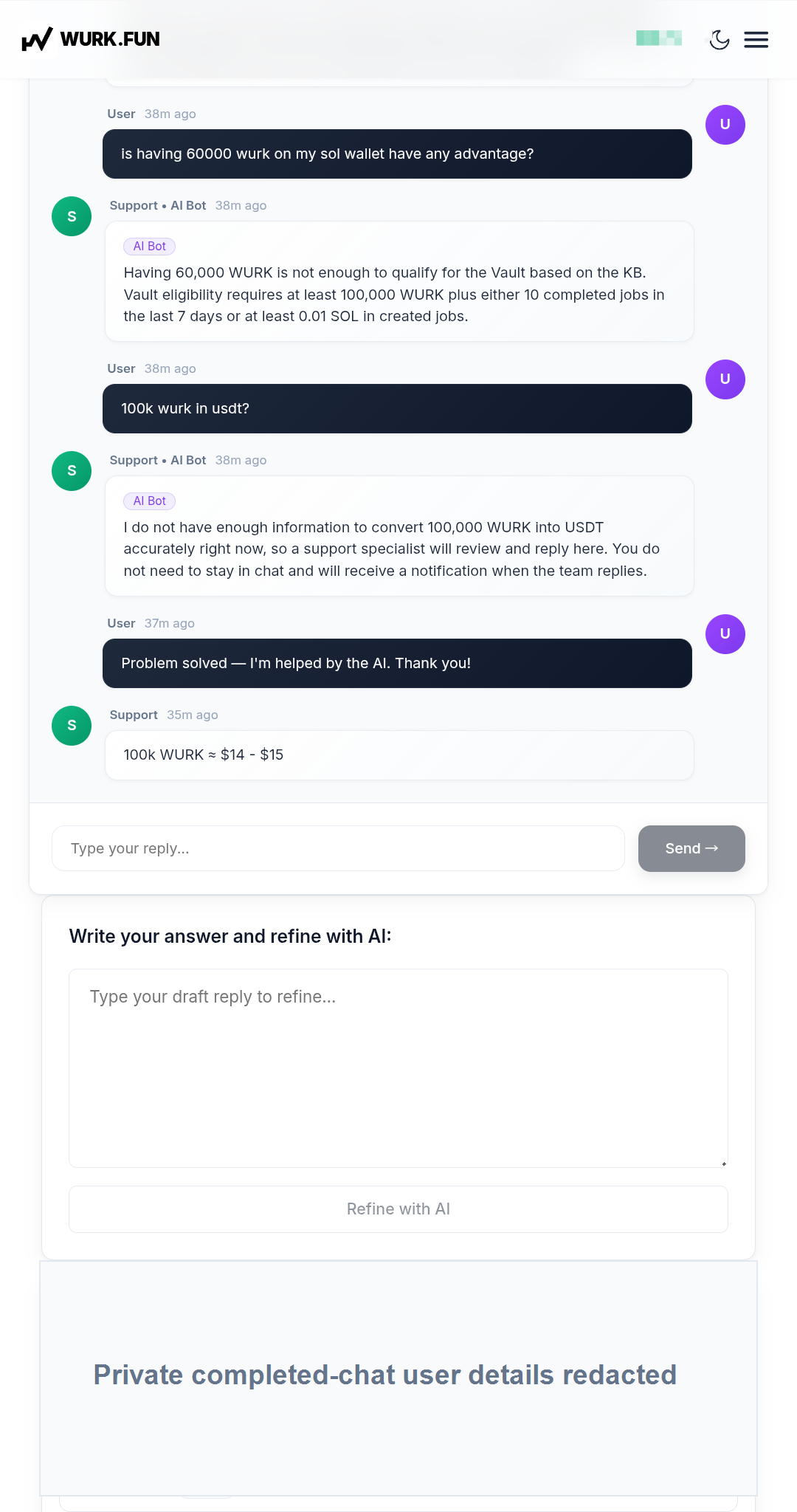 Live user support conversation using an AI-assisted reply tool